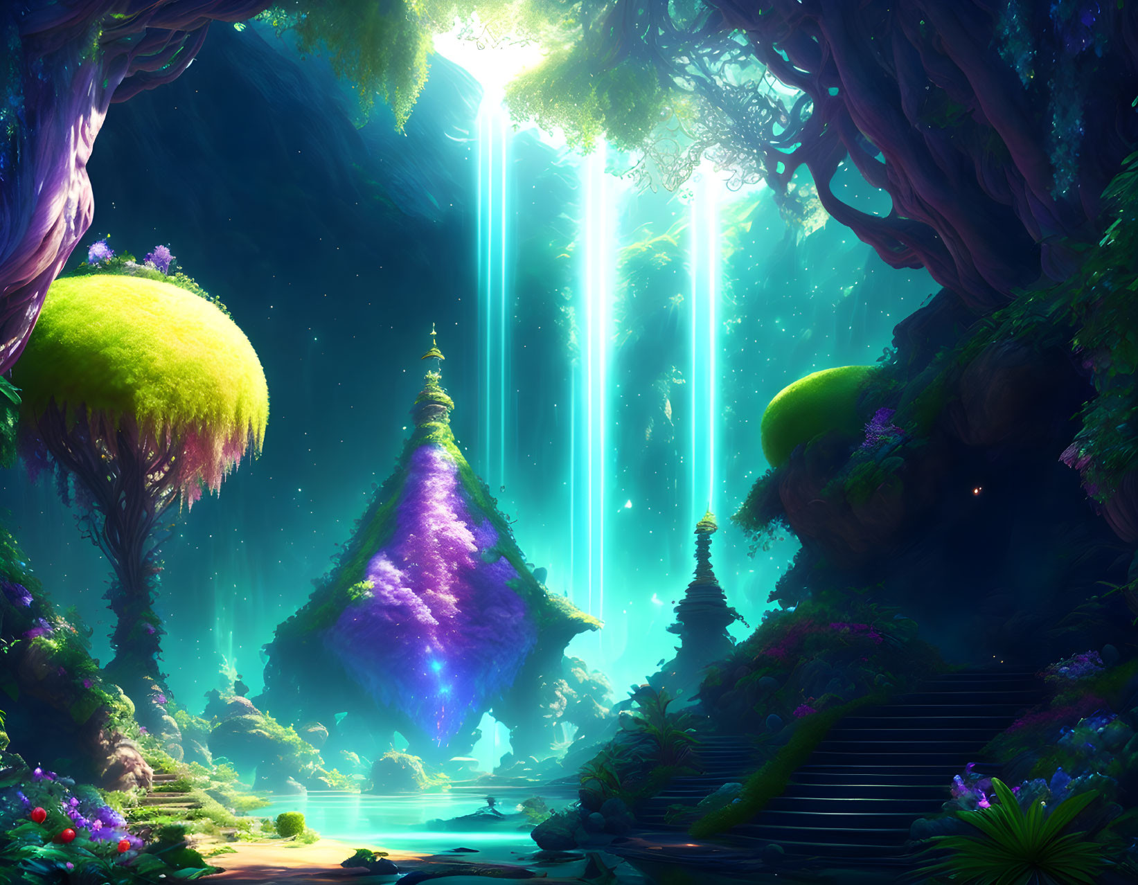 Vibrant fantasy forest with floating islands and glowing waterfalls