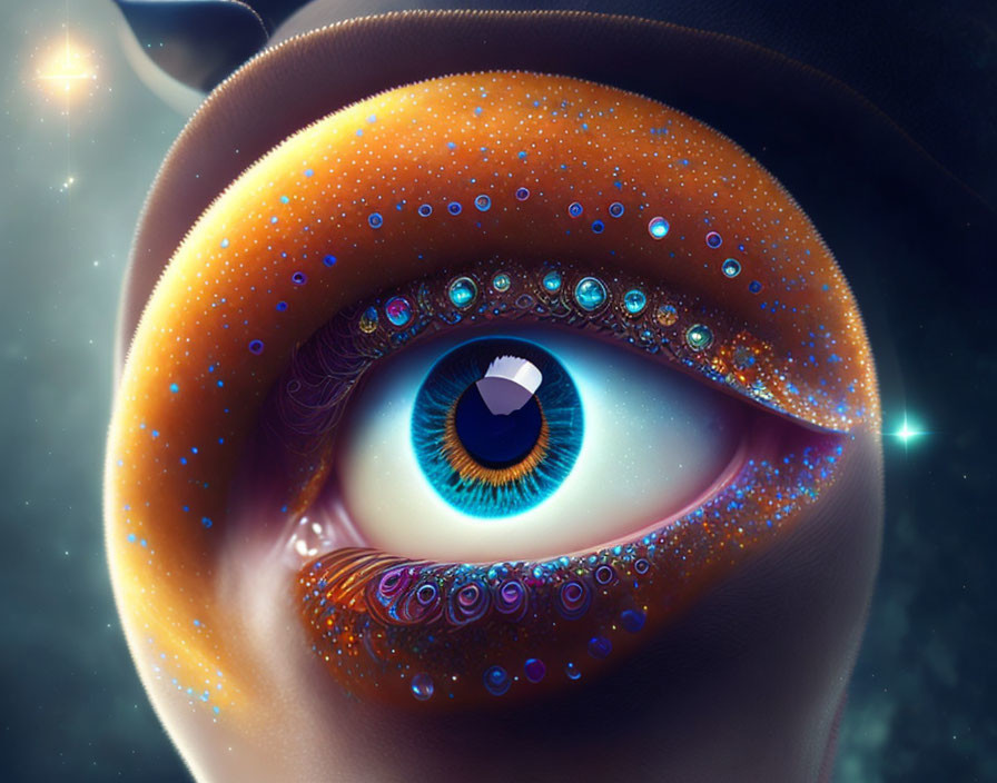 Detailed Close-Up Digital Artwork: Orange Eye with Planet Droplets in Cosmic Setting