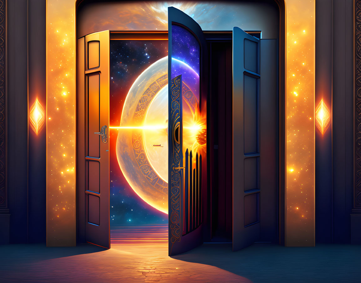 Mystical open door showcasing vibrant cosmic scene