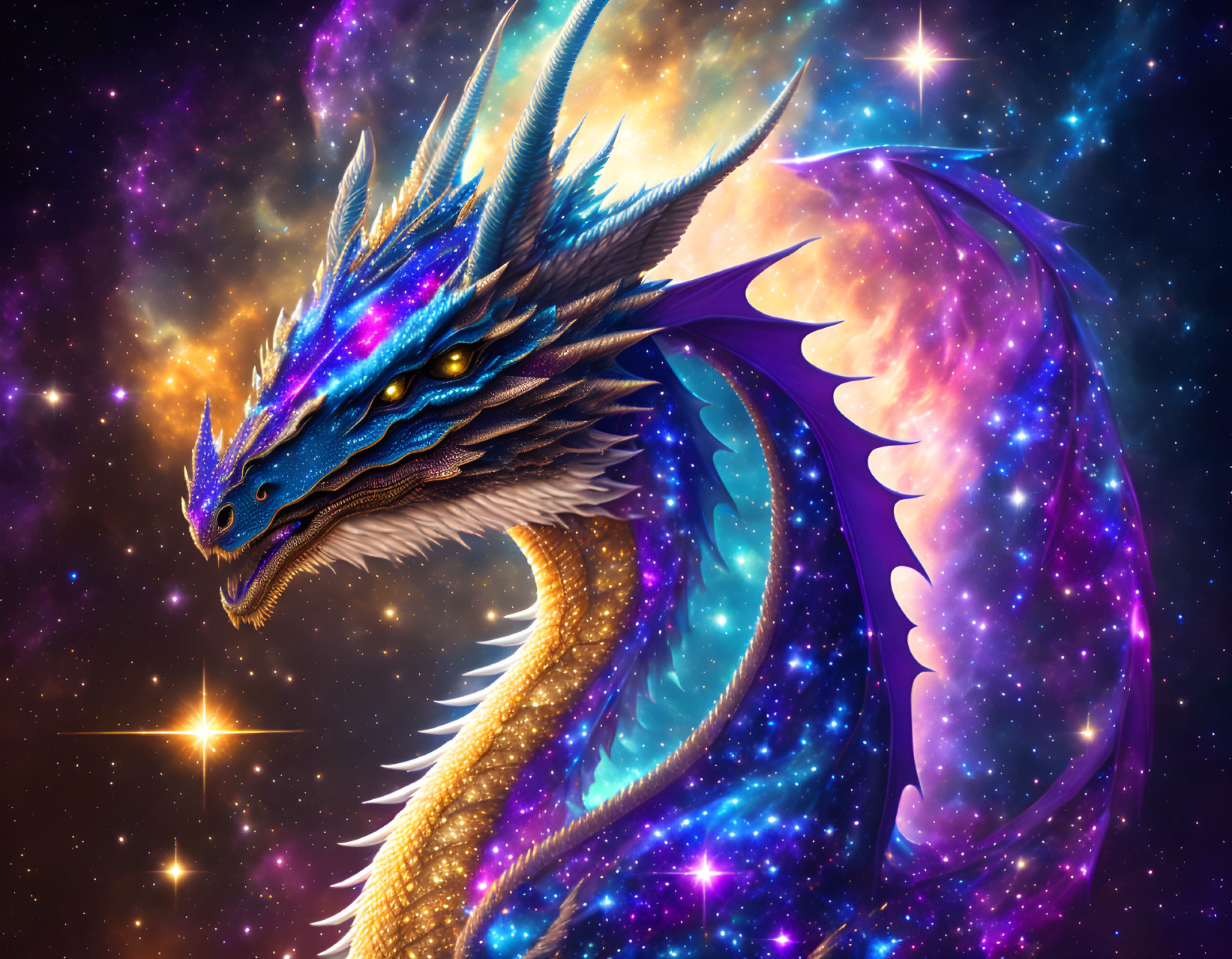 Majestic cosmic dragon in vibrant galactic backdrop