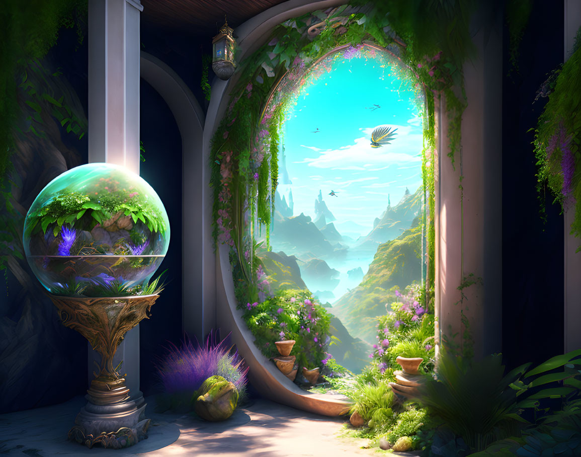 Fantasy scene with glowing orb, lush plants, mountains, flying creatures.