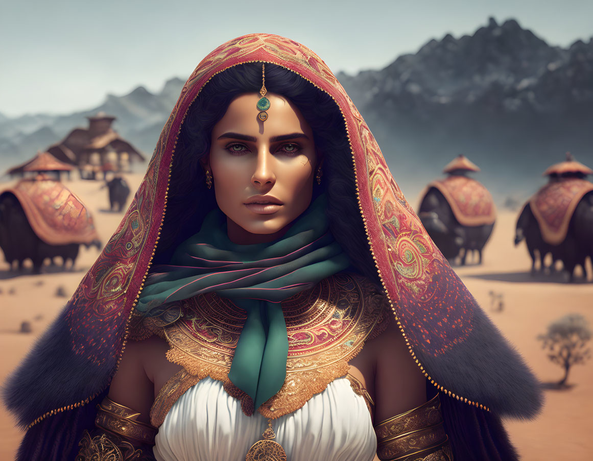 Woman with ornate headpiece and shawl in desert with camels & huts