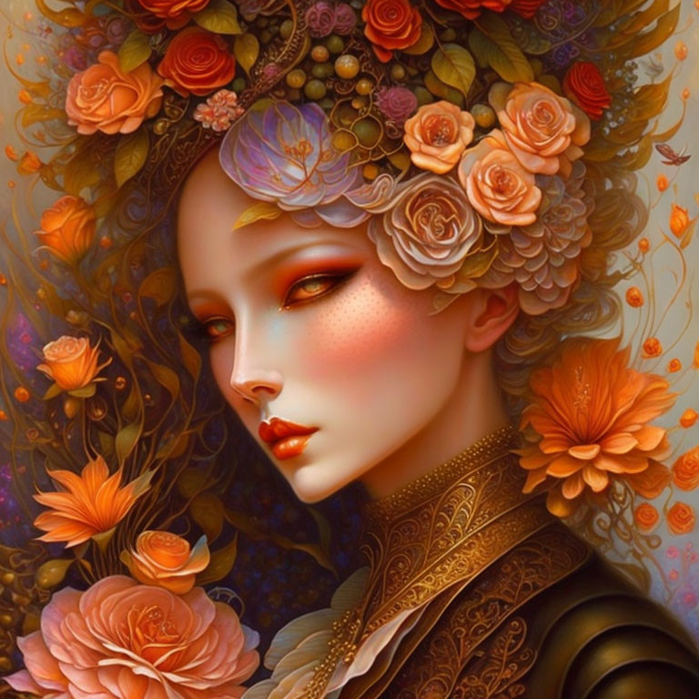 Digital artwork featuring woman with intricate floral headdress in warm autumnal tones