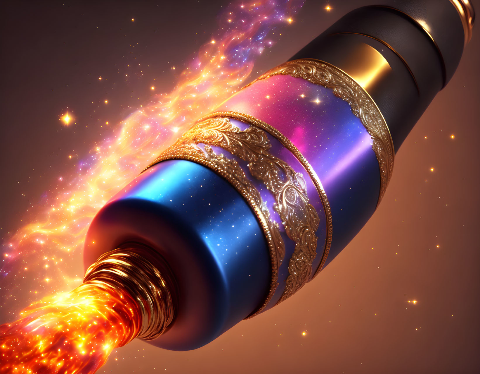 Stylized ornate telescope with fiery light in cosmic background