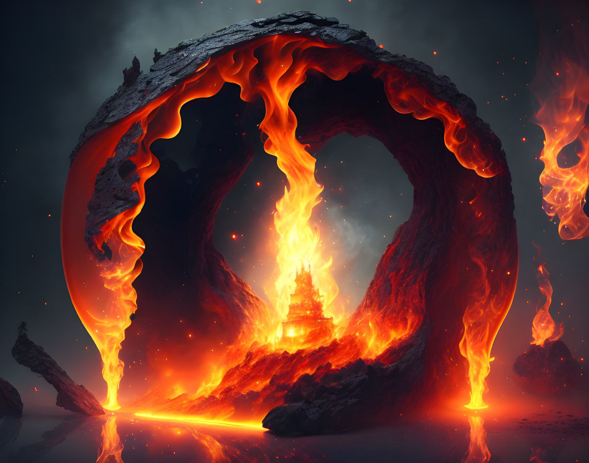 Fiery landscape with lava wave and burning castle in hellish scene