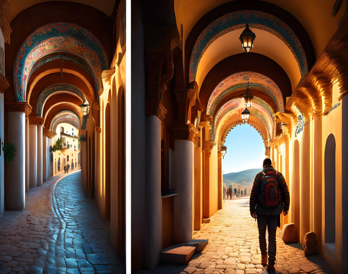 Traveler strolling on cobblestone street in Moroccan alleyway at sunset