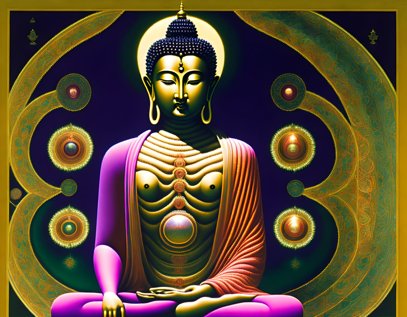 Colorful digital artwork of meditative Buddha with golden and purple details on cosmic background