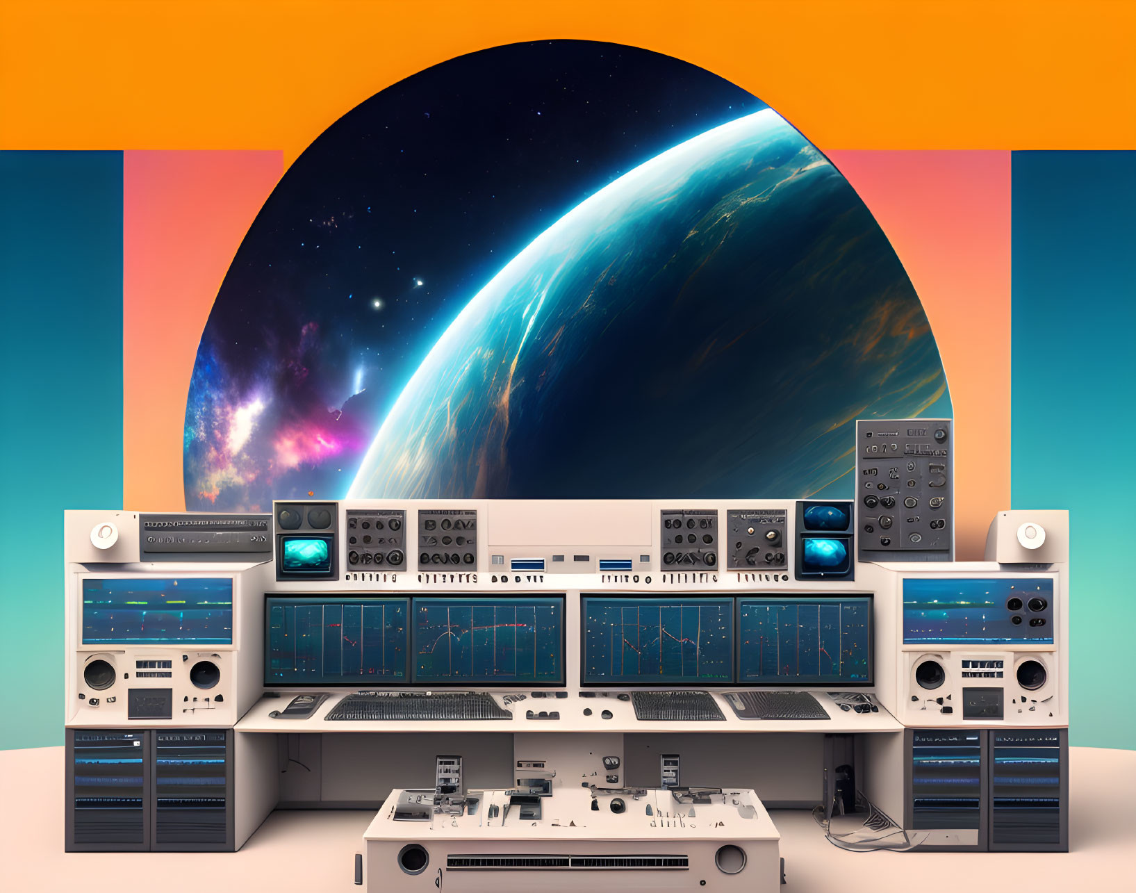 Vibrant surreal space backdrop with futuristic sound mixing console