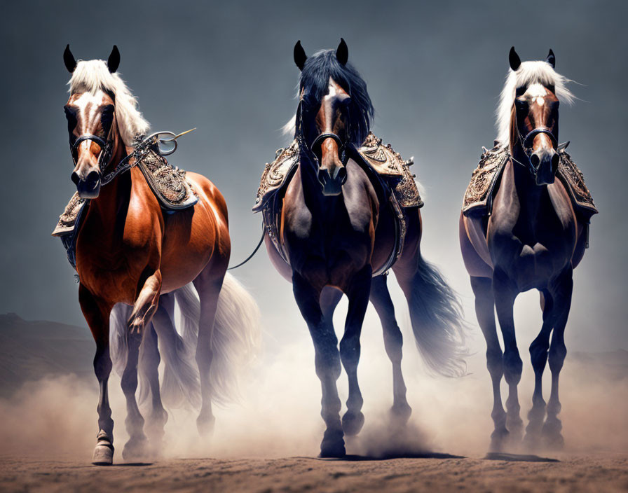 Three majestic horses with ornate saddles standing in dusty arena