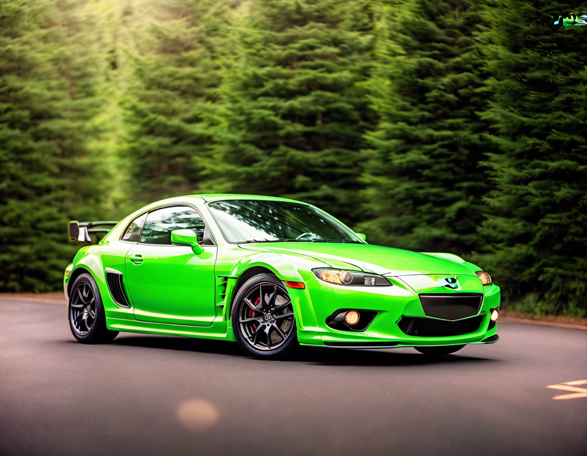 Bright Green Sports Car with Large Rear Wing and Black Rims in Lush Green Setting