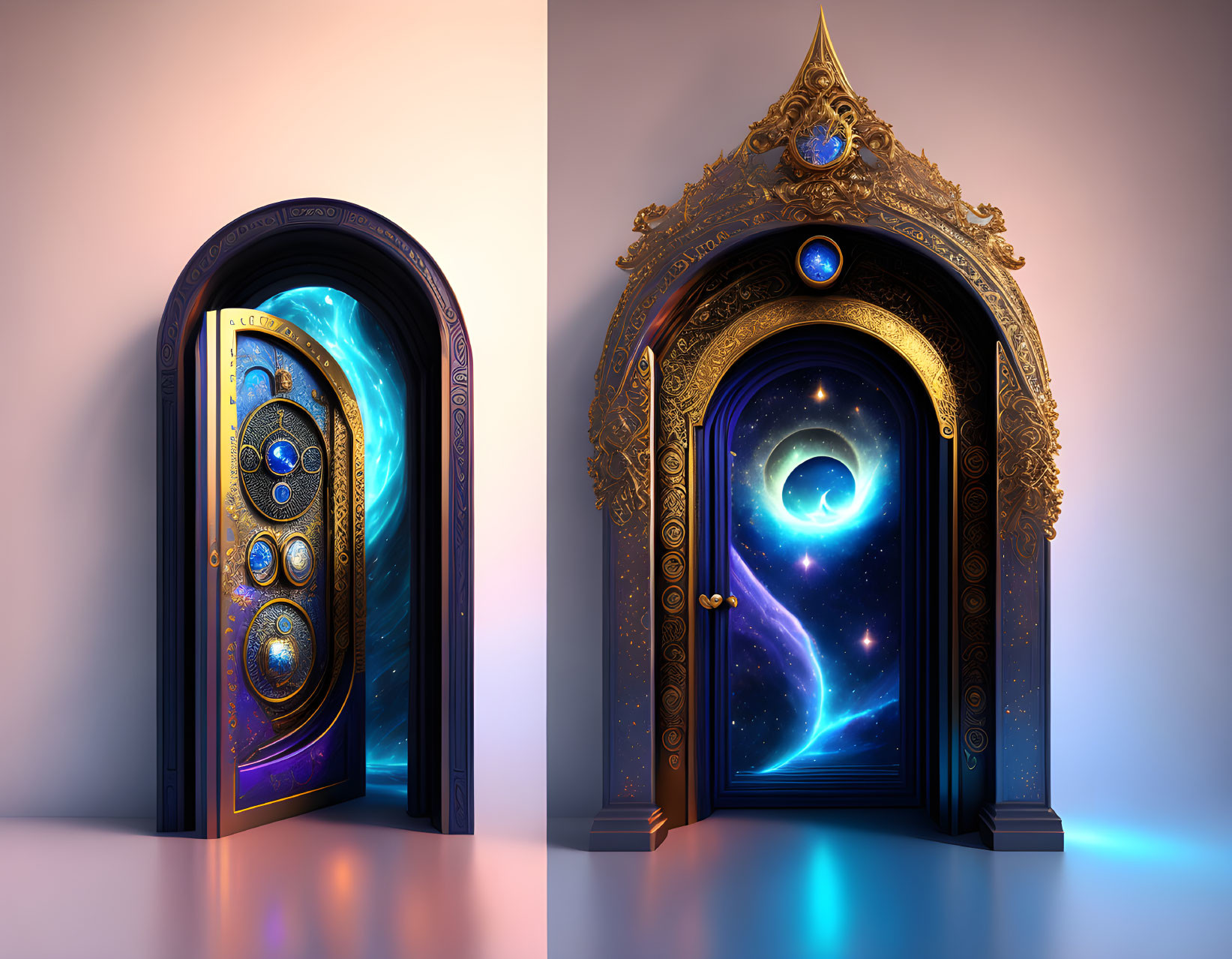 Ornate doors reveal cosmic scenes with planetary bodies and spiraling galaxy amid starry backdrop