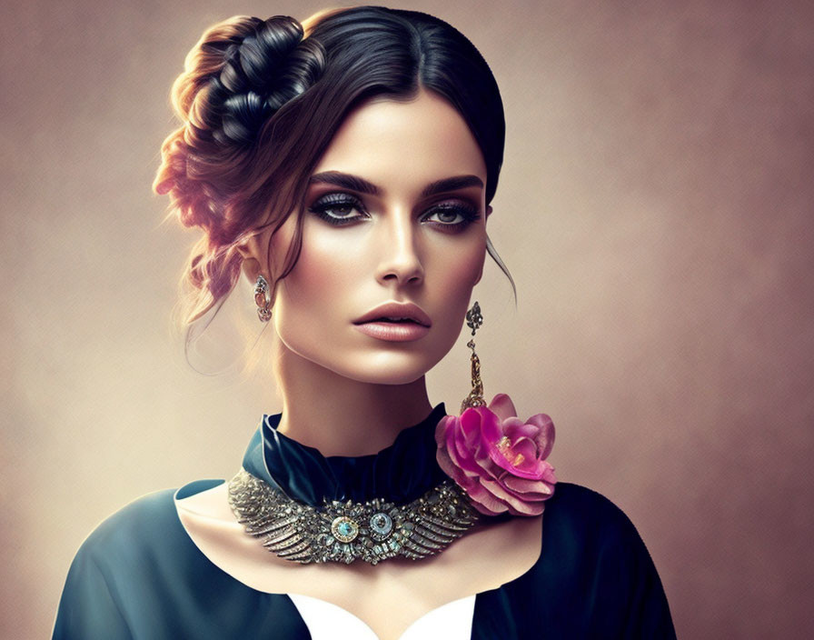 Detailed Updo Hairstyle and Striking Makeup on Elegant Woman with Jeweled Necklace and Flower Adornment