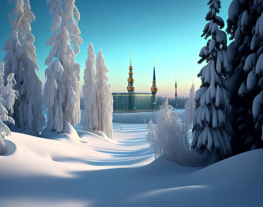 Snow-covered trees and path leading to distant illuminated building.