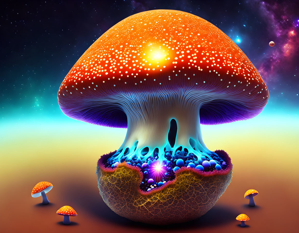 Colorful digital artwork: Luminous mushroom in starry sky.