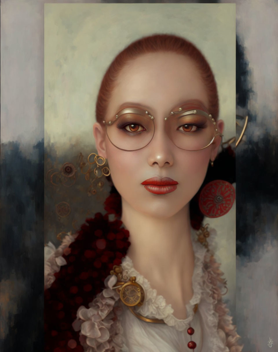 Steampunk-inspired woman painting with gear decorations and circular accessories