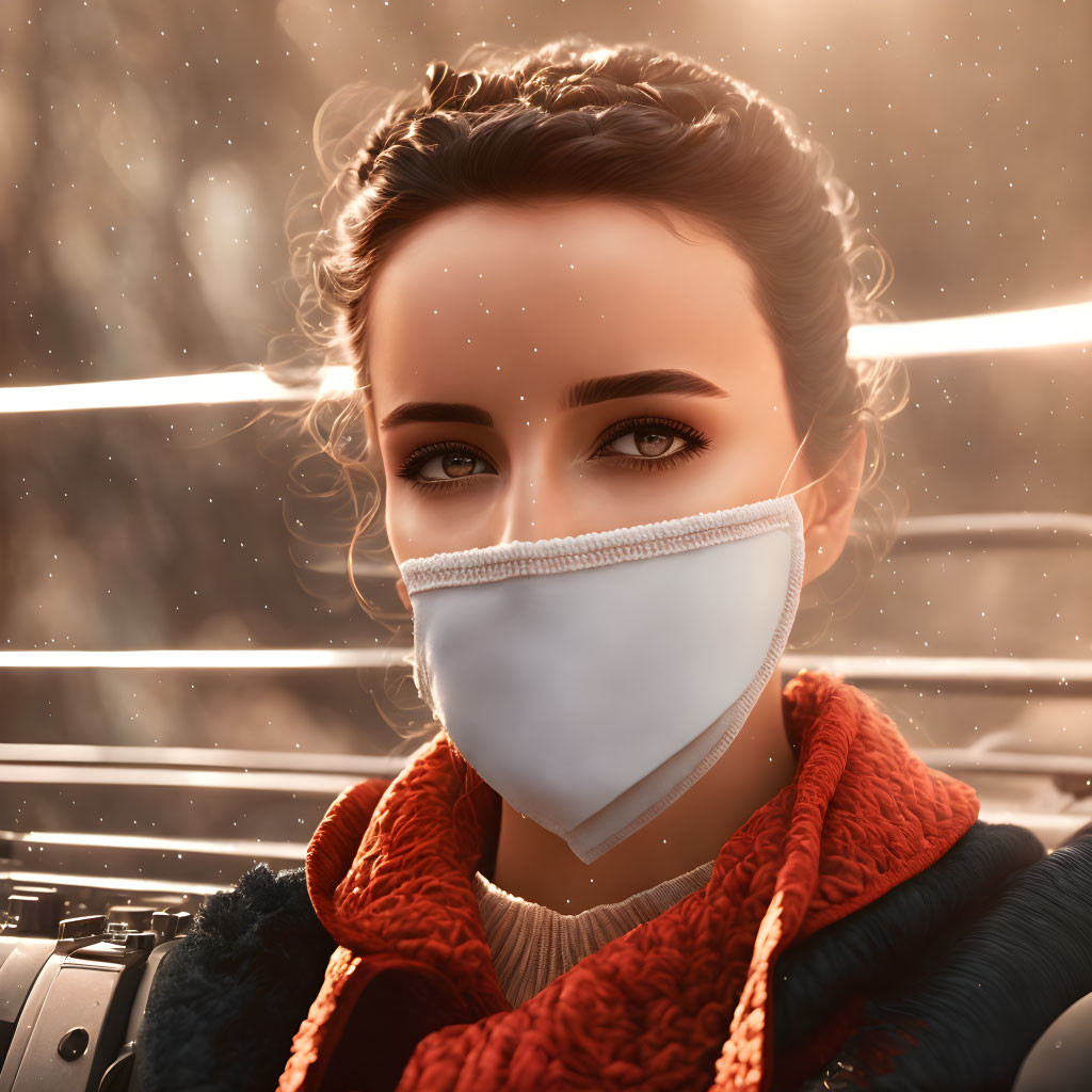 Digital portrait of woman with brown hair in face mask and red scarf, set against glowing light beams