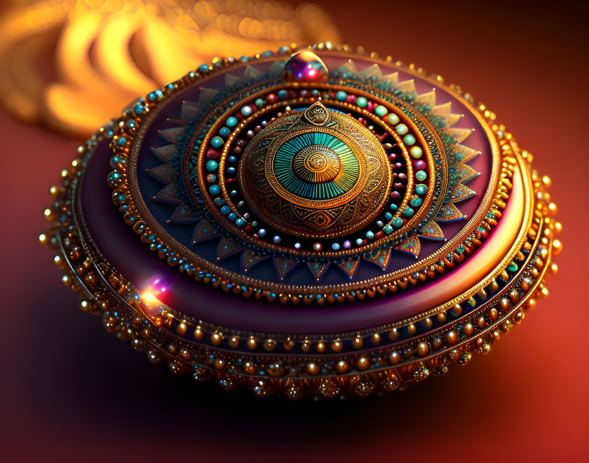 Circular Ornate Golden Object with Gemstones on Warm Background