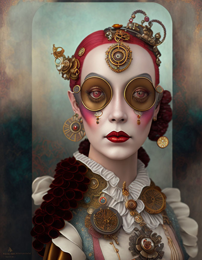 Steampunk-inspired person illustration with cogwheels and mechanical elements