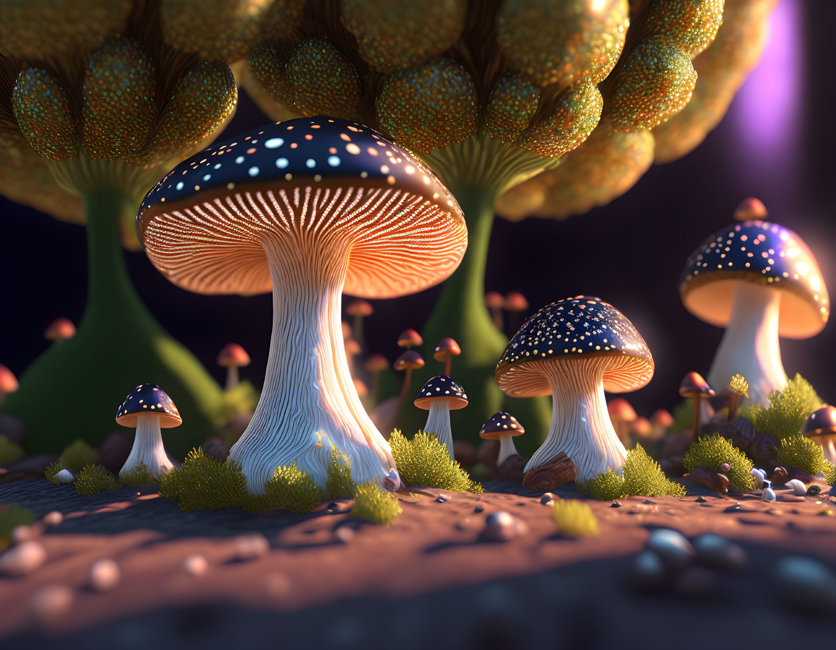 Glowing oversized mushroom 3D illustration in mystical forest