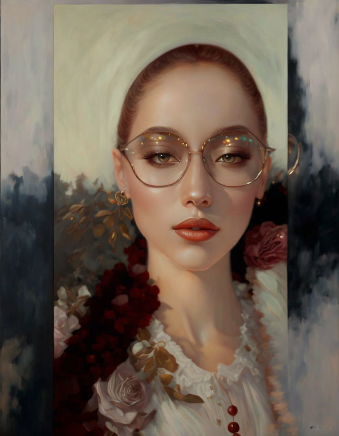 Portrait of Woman with Round Glasses and White Blouse Against Floral Backdrop