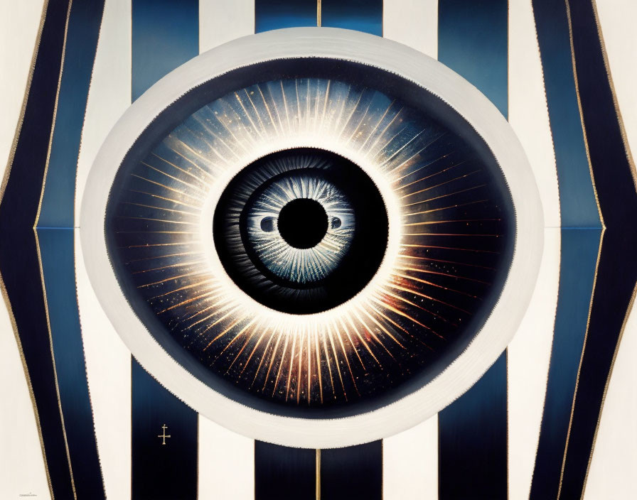 Surreal painting with giant eye and light beams on blue and white backdrop