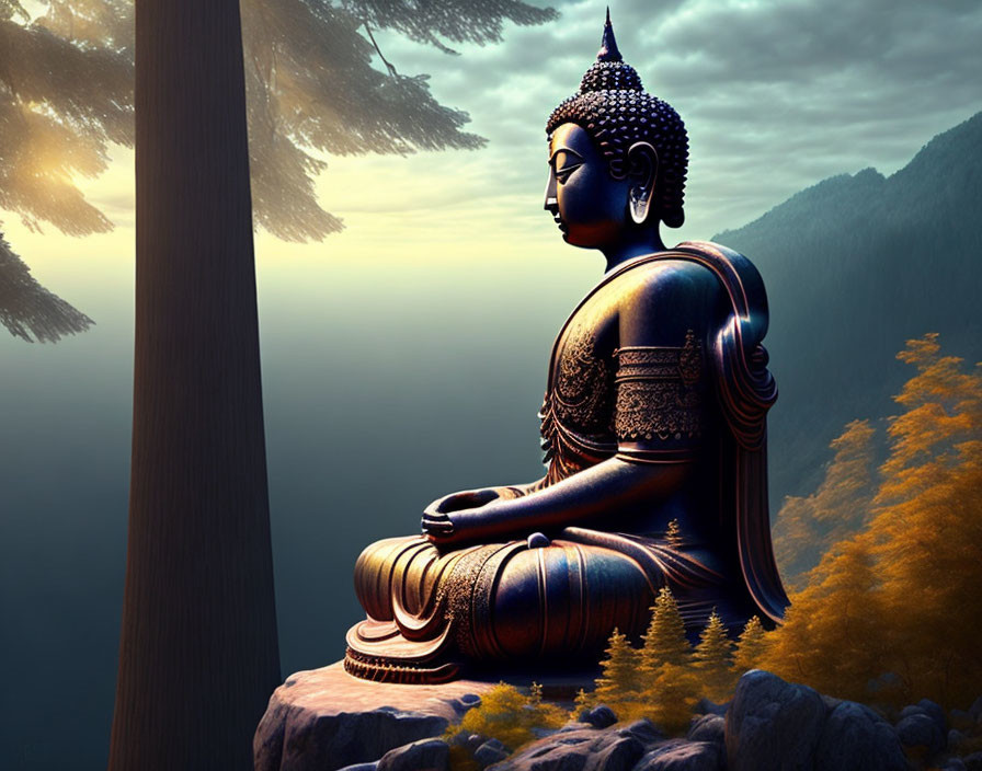 Tranquil Buddha statue in meditative pose at dusk