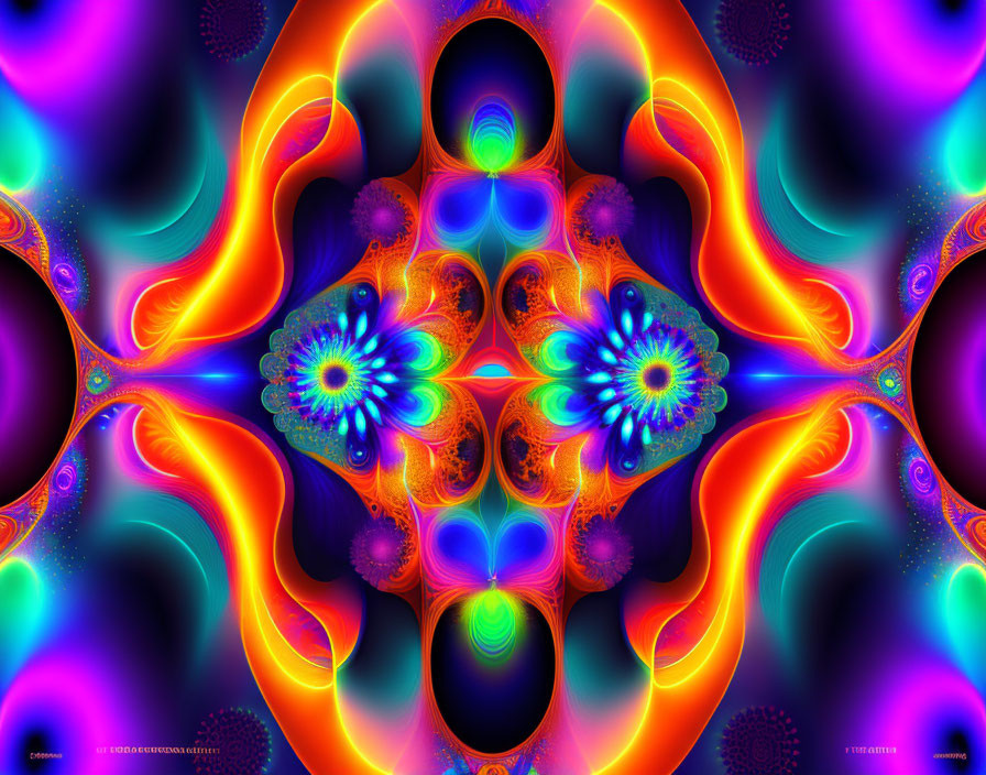 Colorful Symmetrical Fractal Image in Blues, Purples, and Oranges