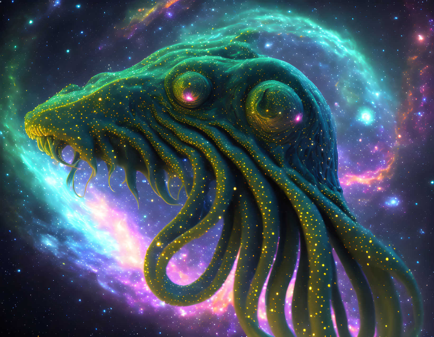 Vibrant cosmic octopus art against nebula backdrop