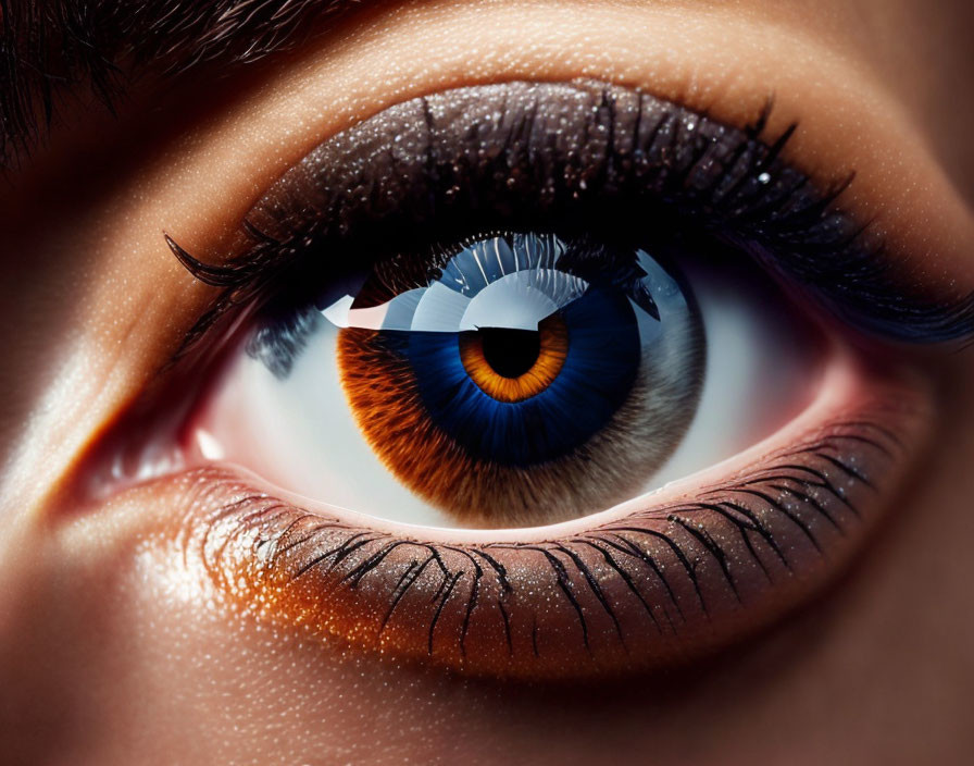 Human eye with checkered pattern iris and mascara-enhanced eyelashes