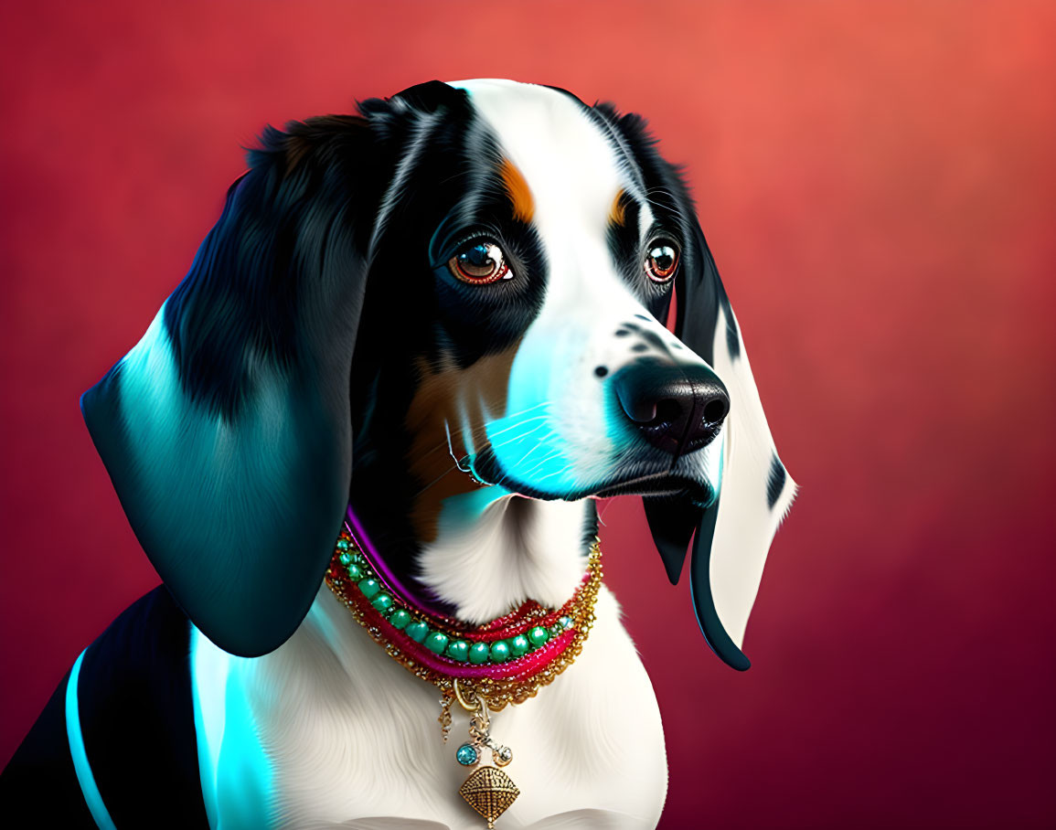 Stylized black and white dog portrait with colorful necklaces on red background