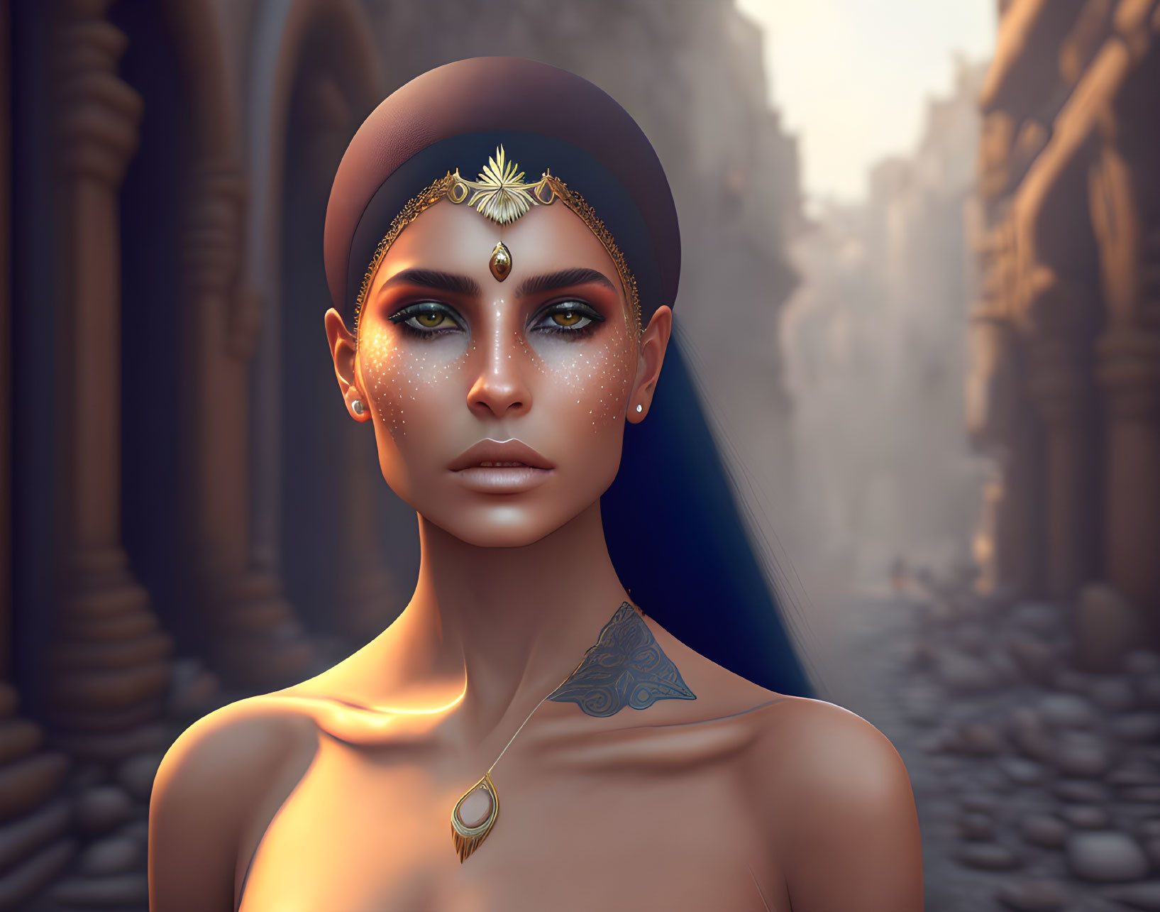 Striking-eyed woman in headpiece and pendant against ancient street.