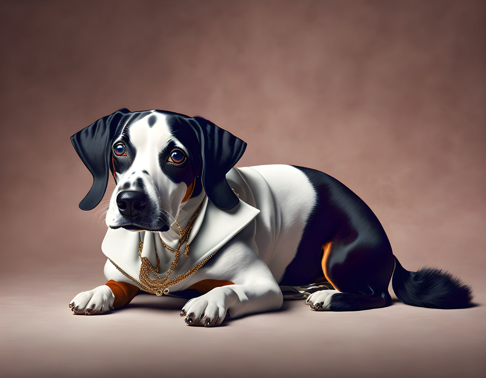 Stylized illustration of a dog with human-like eyes in white collar, gold chains, black and