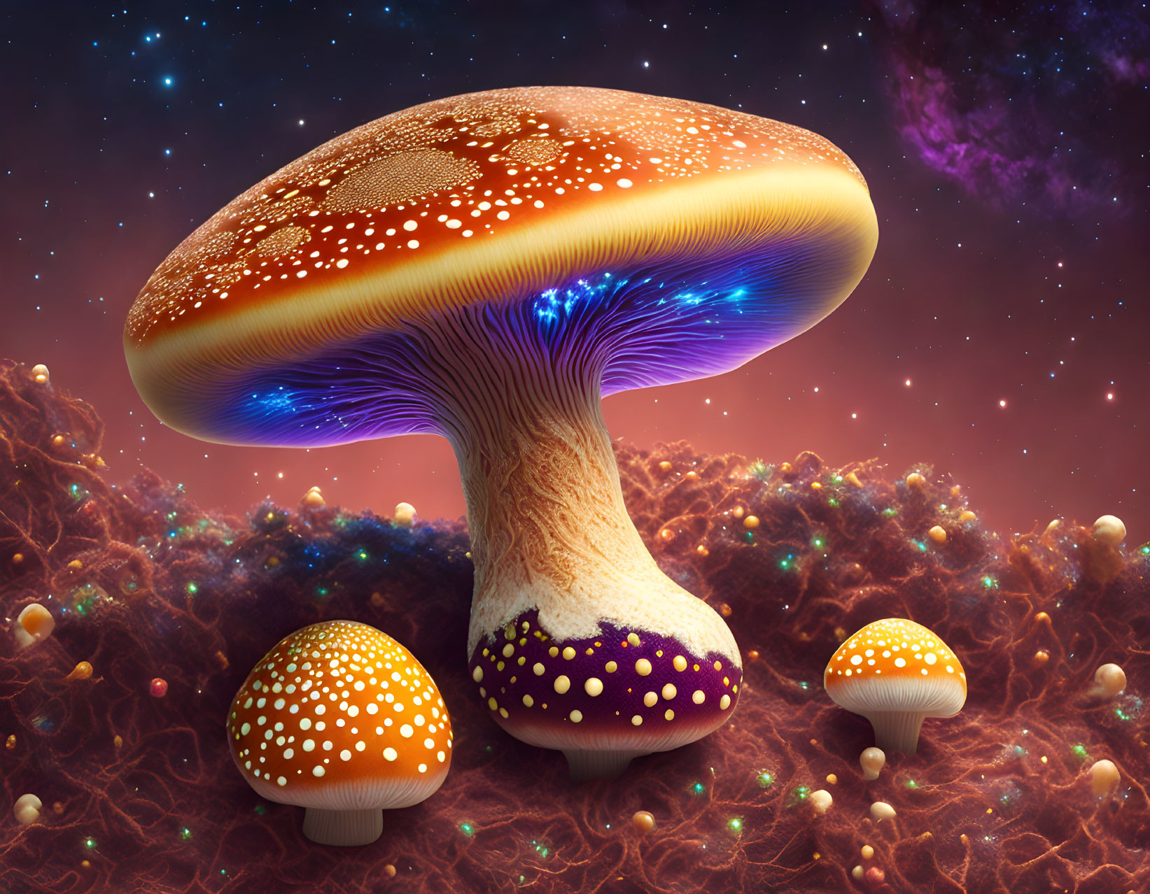 Fantastical cosmic scene with oversized glowing mushrooms