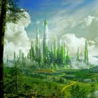 Futuristic cityscape with green towers, lush vegetation, and vibrant sky