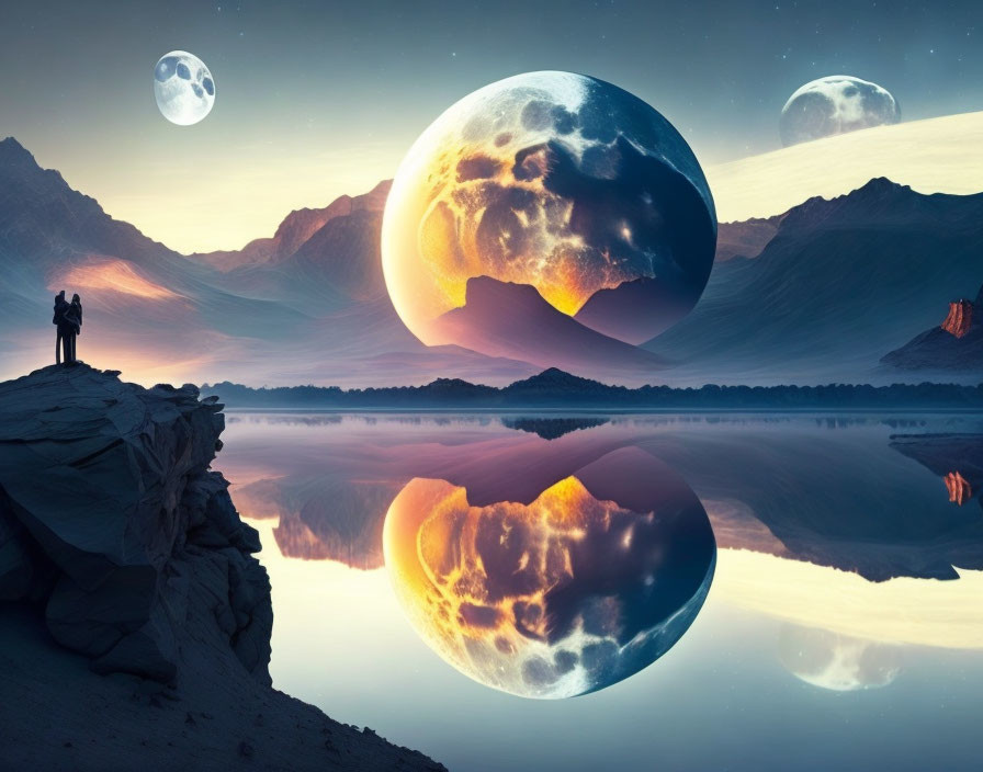 Surreal landscape with person on cliff, moons, and twilight reflection