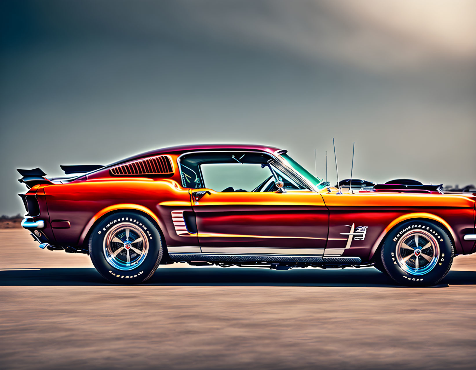 Classic Vintage Red and Yellow Ford Mustang with Racing Stripes on Asphalt Surface