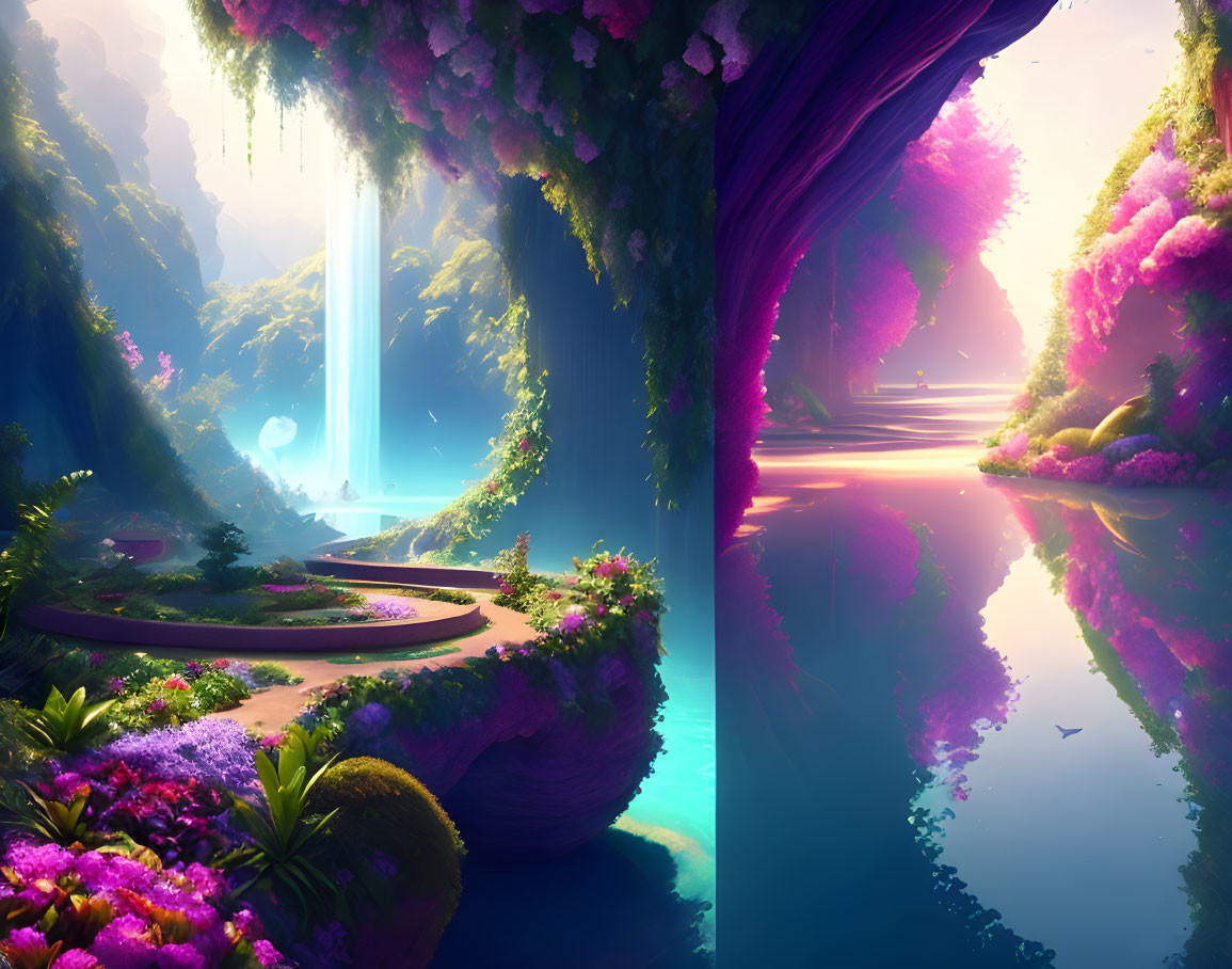 Colorful Fantasy Landscape with Waterfall, Glowing Trees, and Reflective Lake