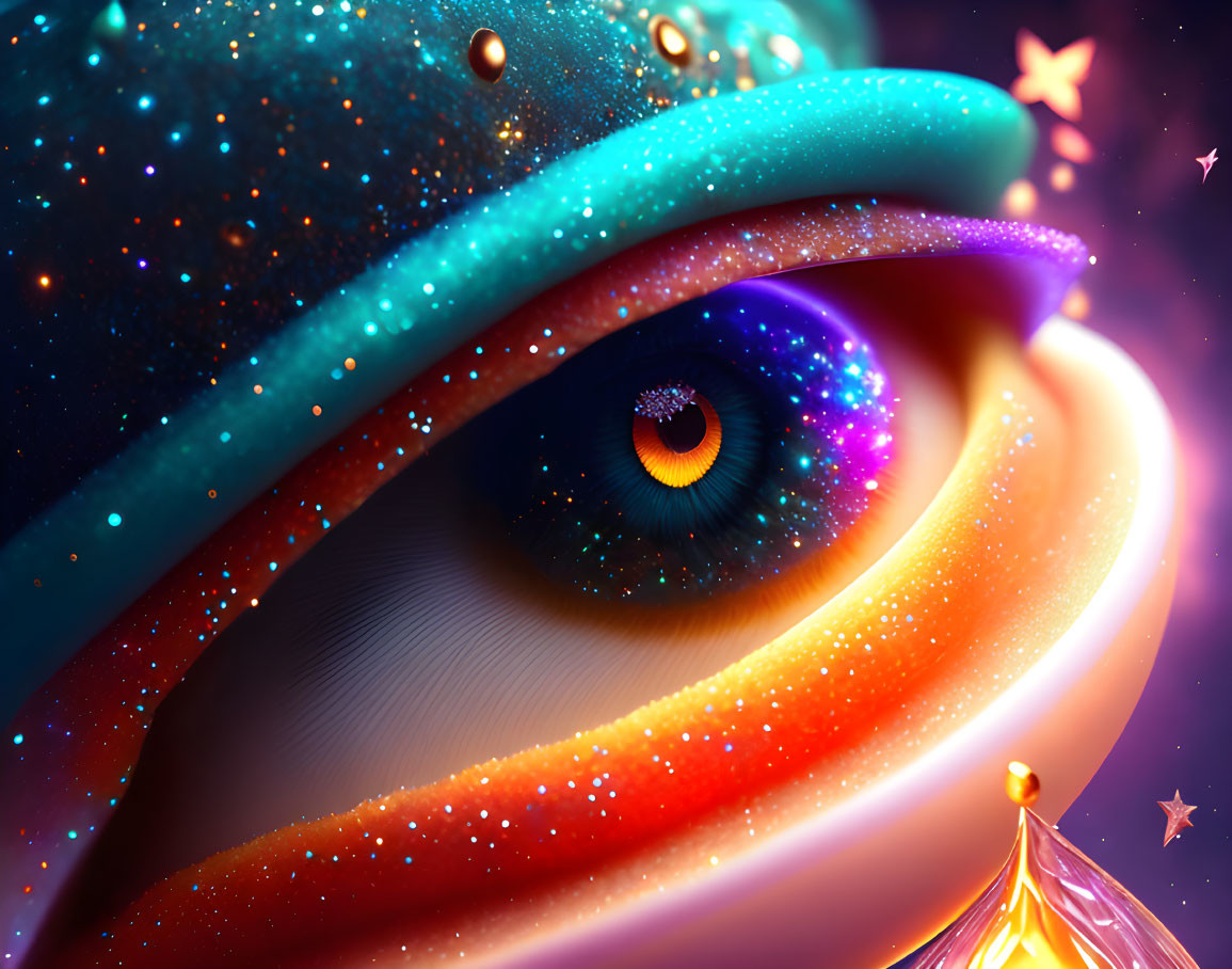 Colorful digital artwork: Eye amidst cosmic landscape