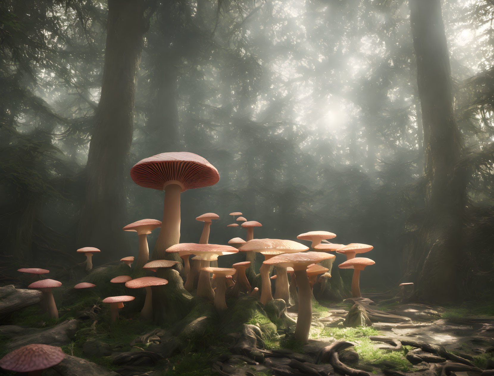 Enchanted forest with oversized mushrooms and sunbeams.