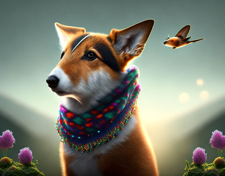 Colorful Scarf Corgi in Whimsical Mountain Scene