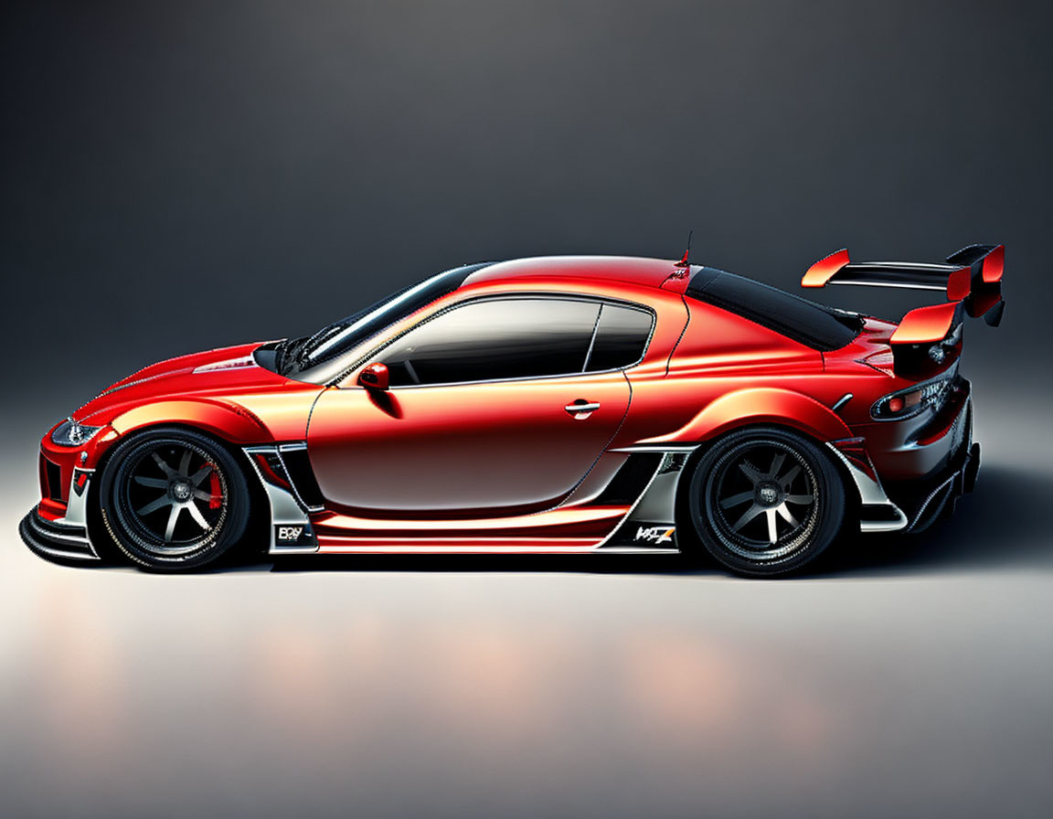 Red Sports Car with Black Stripes, Rear Wing, Custom Wheels on Gradient Background