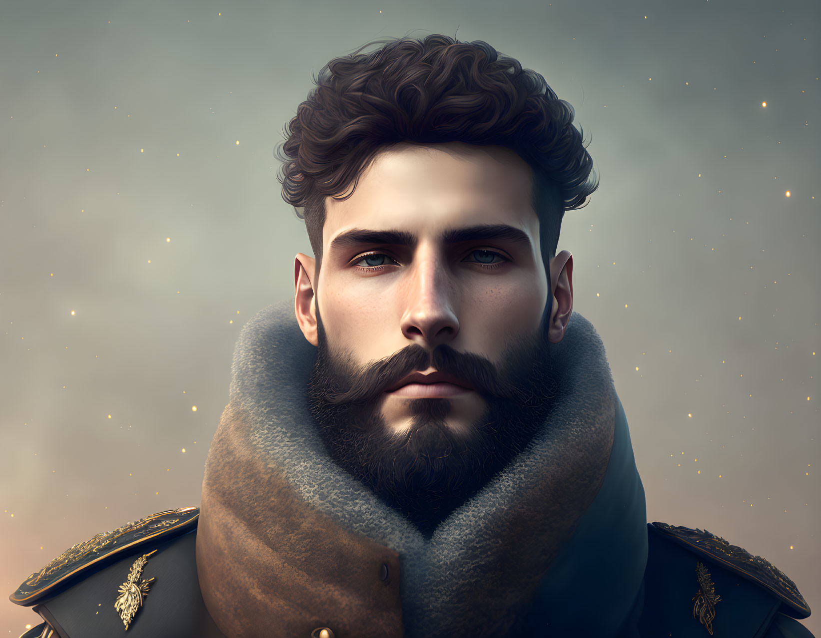 Man with Prominent Facial Hair in Military-Style Coat on Starry Background