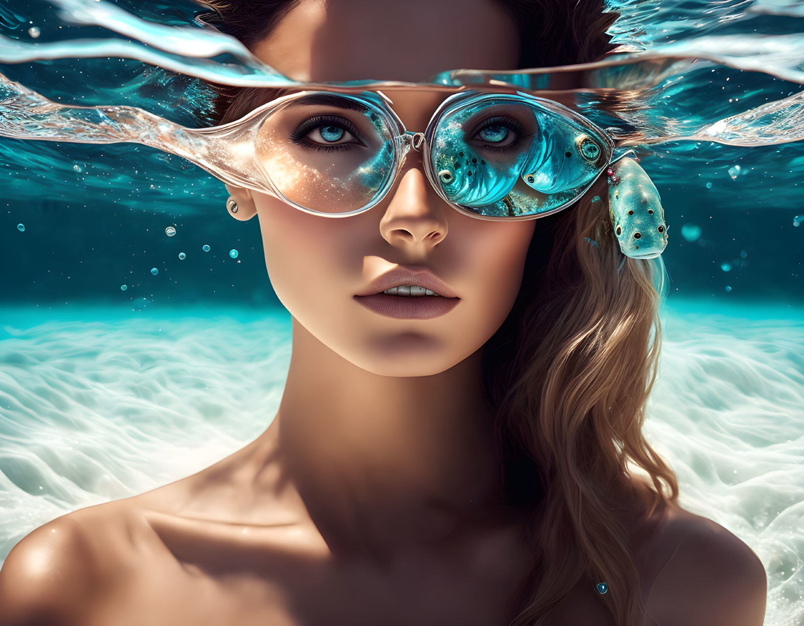 Woman's face half-submerged in water with fish reflection sunglasses