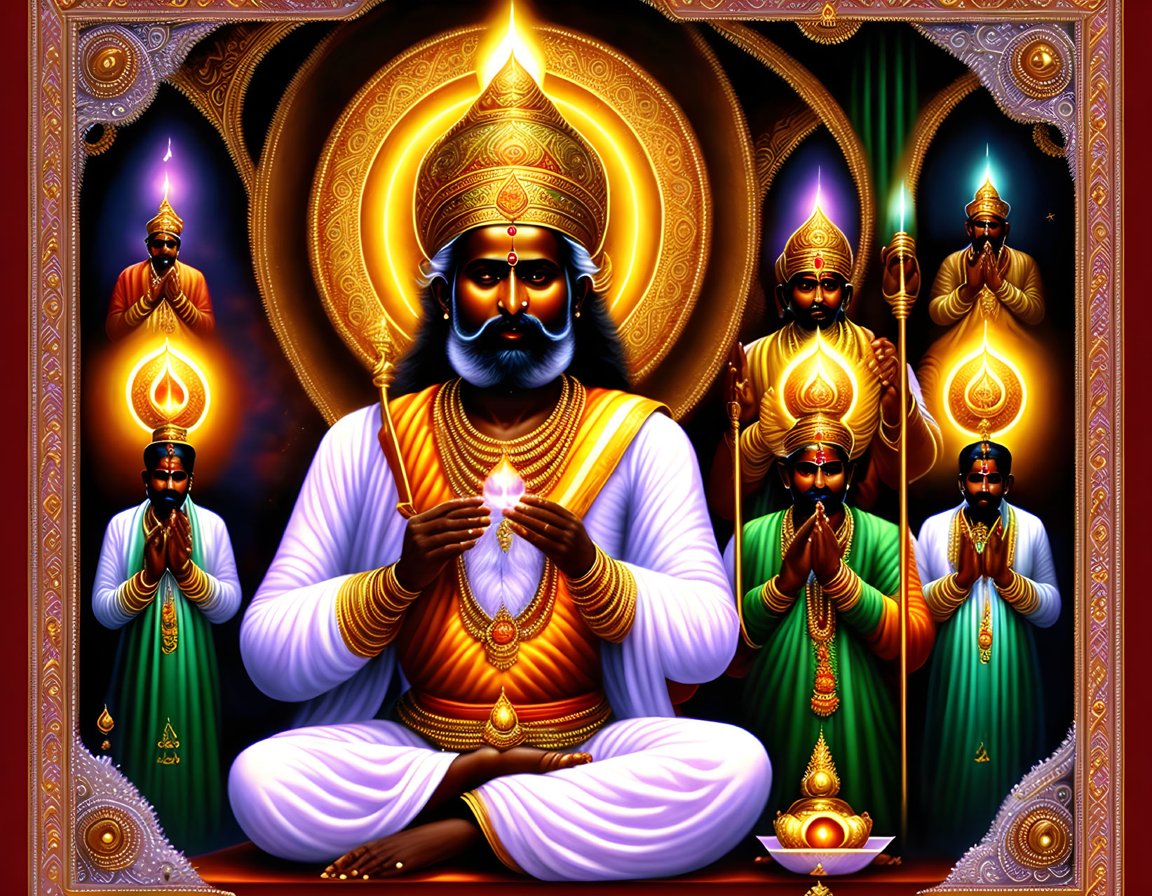 Colorful Illustration of Bearded Figure Meditating with Gold Adornments