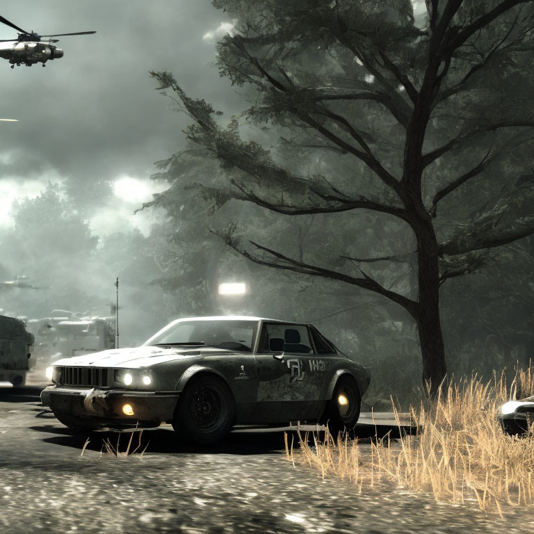 Vintage muscle car with white stripe on gloomy road, helicopters in misty sky