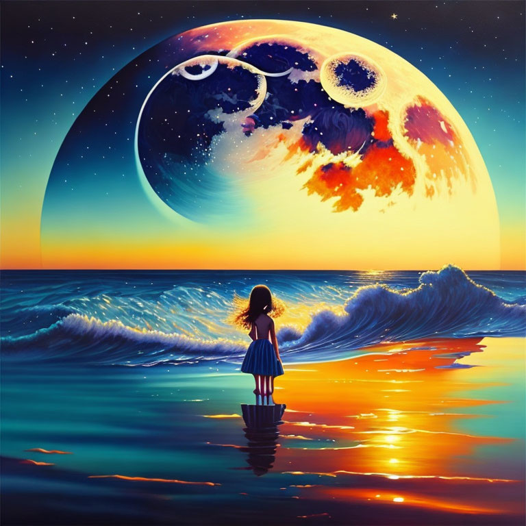 Girl on Boat Gazing at Large Moon over Vivid Sunset Seascape