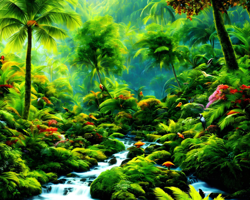 Lush Tropical Rainforest with Stream and Colorful Birds