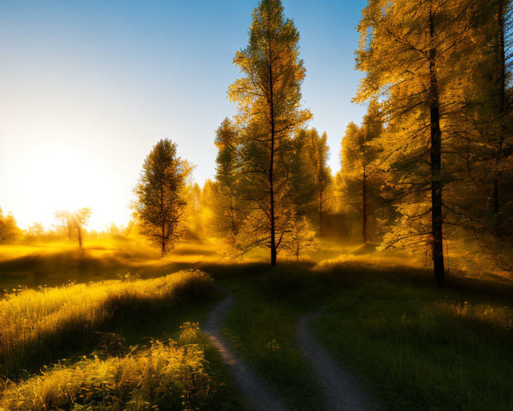 Sunlit forest with winding path and long shadows