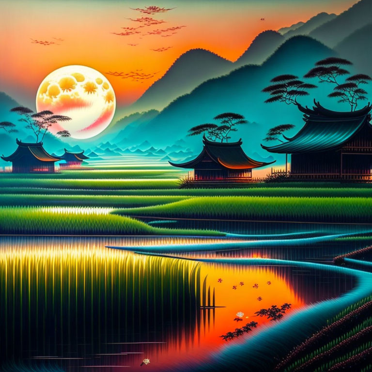 Digital painting of Asian terraced fields under moon: vibrant colors and serene landscape