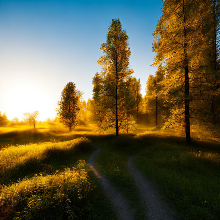 Sunlit forest with winding path and long shadows